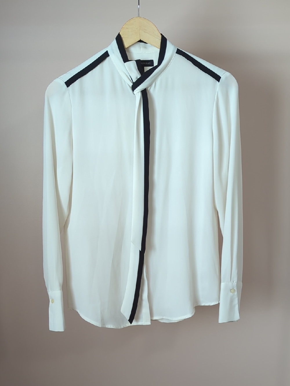 Banana Republic Cream Tie-Neck Blouse with Black Trim